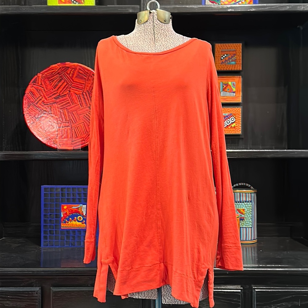LOFT Orange Long Sleeve Cotton Top Side Slits Cute Seaming Size Small
